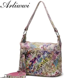 Arliwwi 100% Real Leather Functional Roomy Bags Women Genuine Leather Peacock Pattern Coating Colorful Handbags New GL02