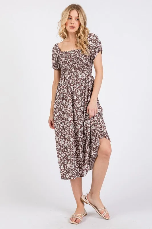 Brown Ivory Floral Smock Dress