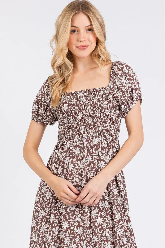 Brown Ivory Floral Smock Dress