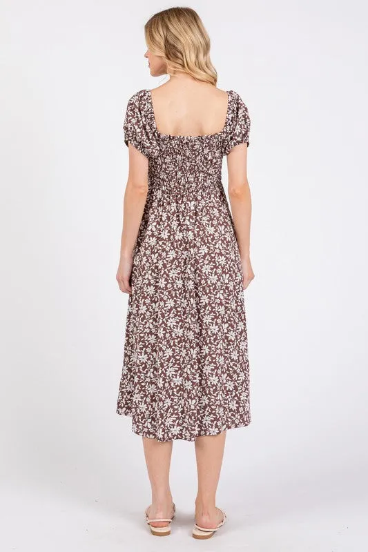 Brown Ivory Floral Smock Dress