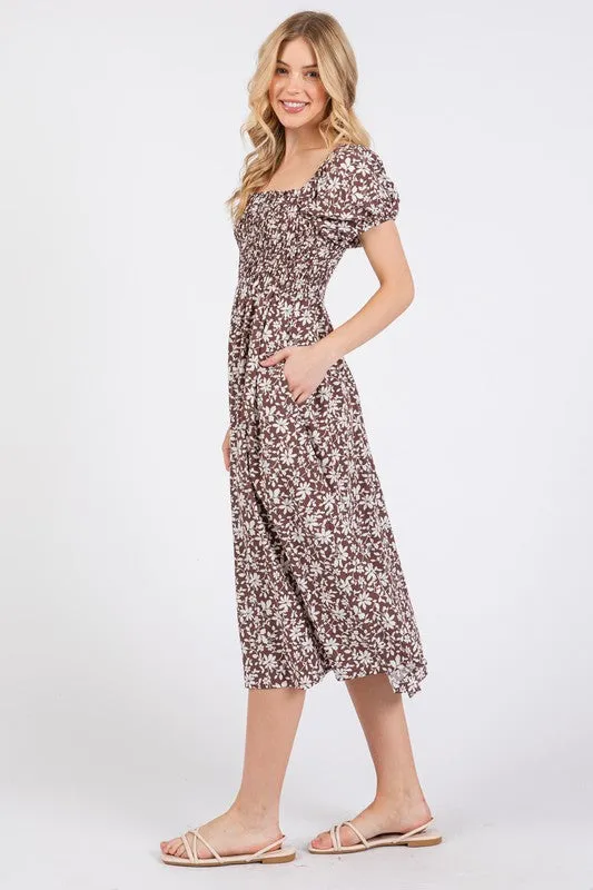 Brown Ivory Floral Smock Dress