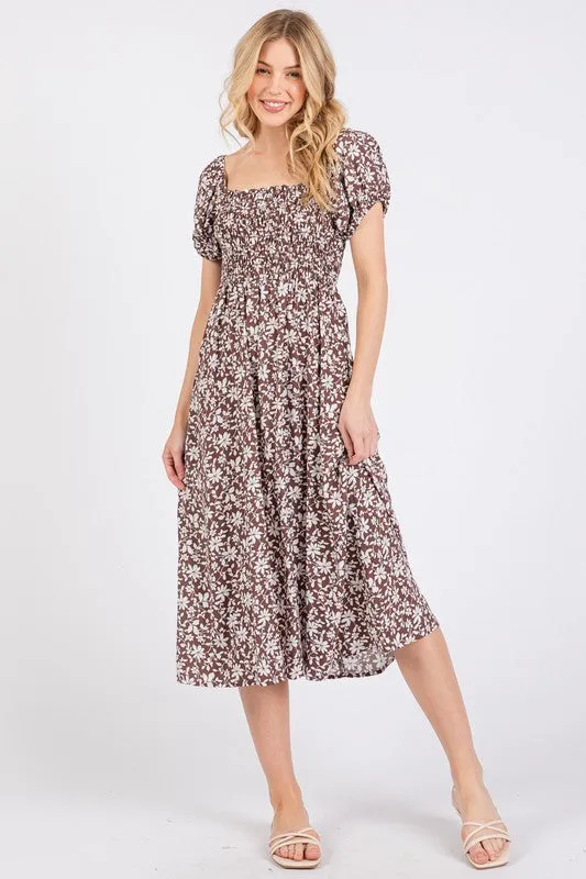 Brown Ivory Floral Smock Dress