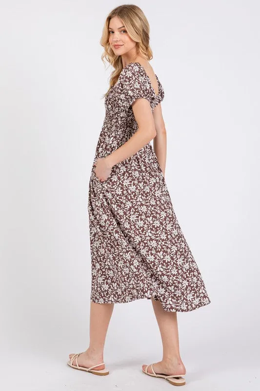 Brown Ivory Floral Smock Dress