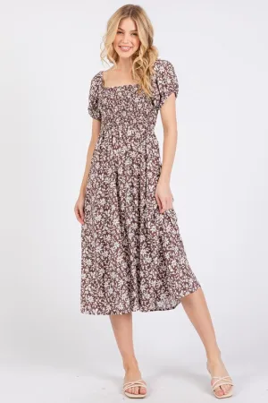 Brown Ivory Floral Smock Dress