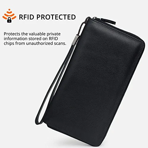 Bveyzi Women RFID Blocking Wallet Leather Zip Around Phone Clutch Large Capacity Ladies Travel Purse Wristlet (Olive Green)