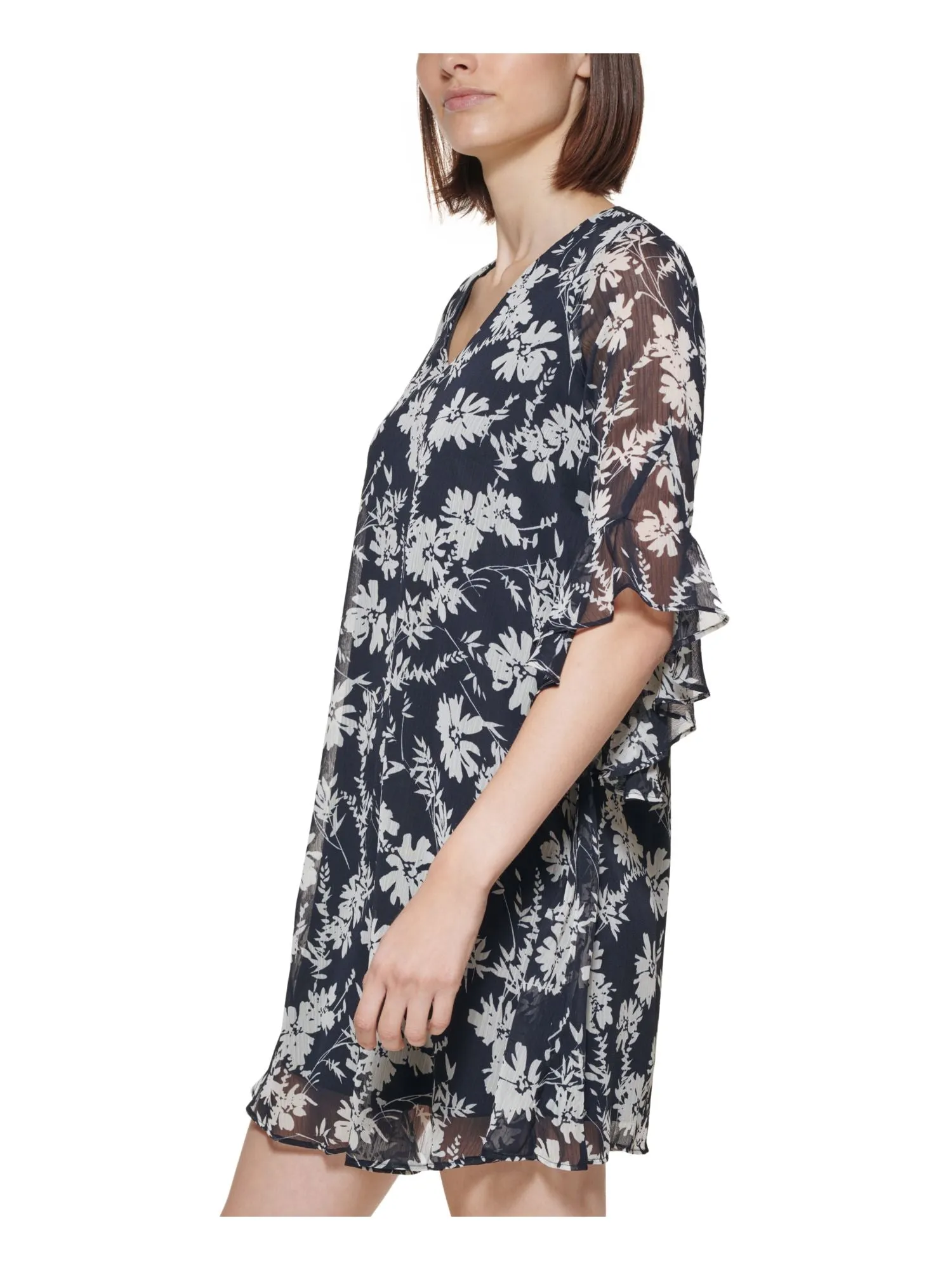 CALVIN KLEIN Womens Navy Lined Ruffled Keyhole Floral Bell Sleeve V Neck Short Shift Dress