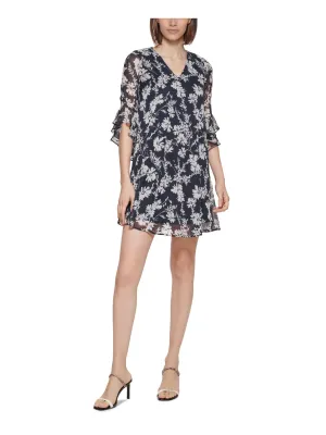 CALVIN KLEIN Womens Navy Lined Ruffled Keyhole Floral Bell Sleeve V Neck Short Shift Dress