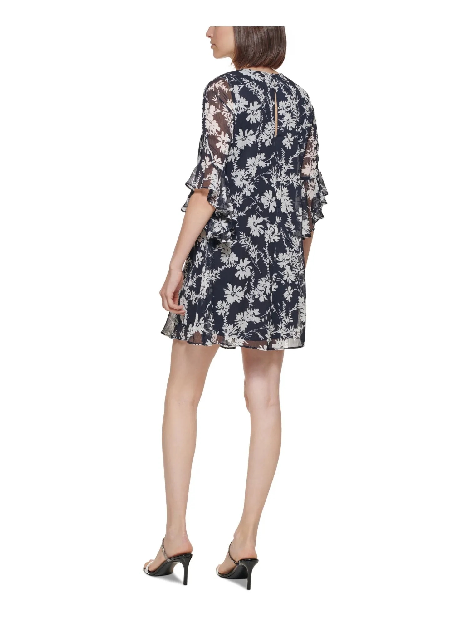 CALVIN KLEIN Womens Navy Lined Ruffled Keyhole Floral Bell Sleeve V Neck Short Shift Dress