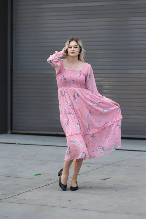 Dress - Floral Pink Midi Dress With Long Sleeves