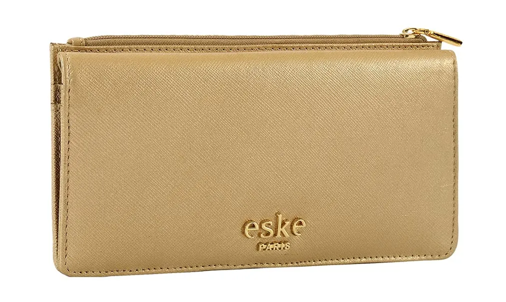 eske Kyle - Two fold Wallet - Genuine Quilted Leather - Holds Cards, Coins and Bills - Compact Design - Pockets for Everyday Use - Travel Friendly - for Women (Light Gold Saffiano)