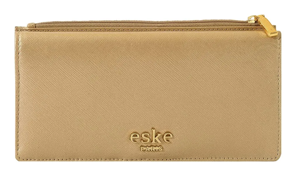 eske Kyle - Two fold Wallet - Genuine Quilted Leather - Holds Cards, Coins and Bills - Compact Design - Pockets for Everyday Use - Travel Friendly - for Women (Light Gold Saffiano)