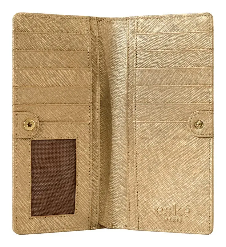 eske Kyle - Two fold Wallet - Genuine Quilted Leather - Holds Cards, Coins and Bills - Compact Design - Pockets for Everyday Use - Travel Friendly - for Women (Light Gold Saffiano)