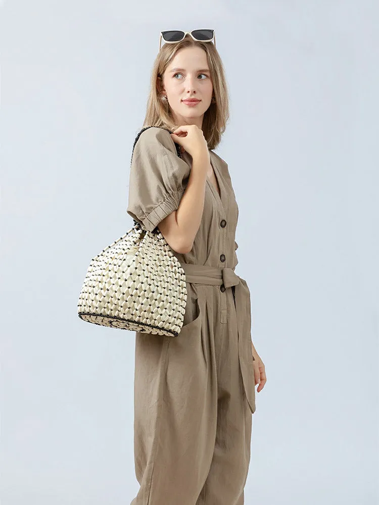 Handcrafted Wooden Bead Woven Tote Bag
