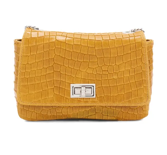 Italian Designer Soft Leather Leather Full Croc Print Crossbody with Twistlock - Swolit Anete Light Tan