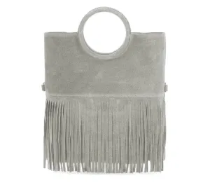 Italian Leather Suede Leather Circle Handle with Fringes Handbag with matching Crossbody bag - Swolit Giulia-Light Grey