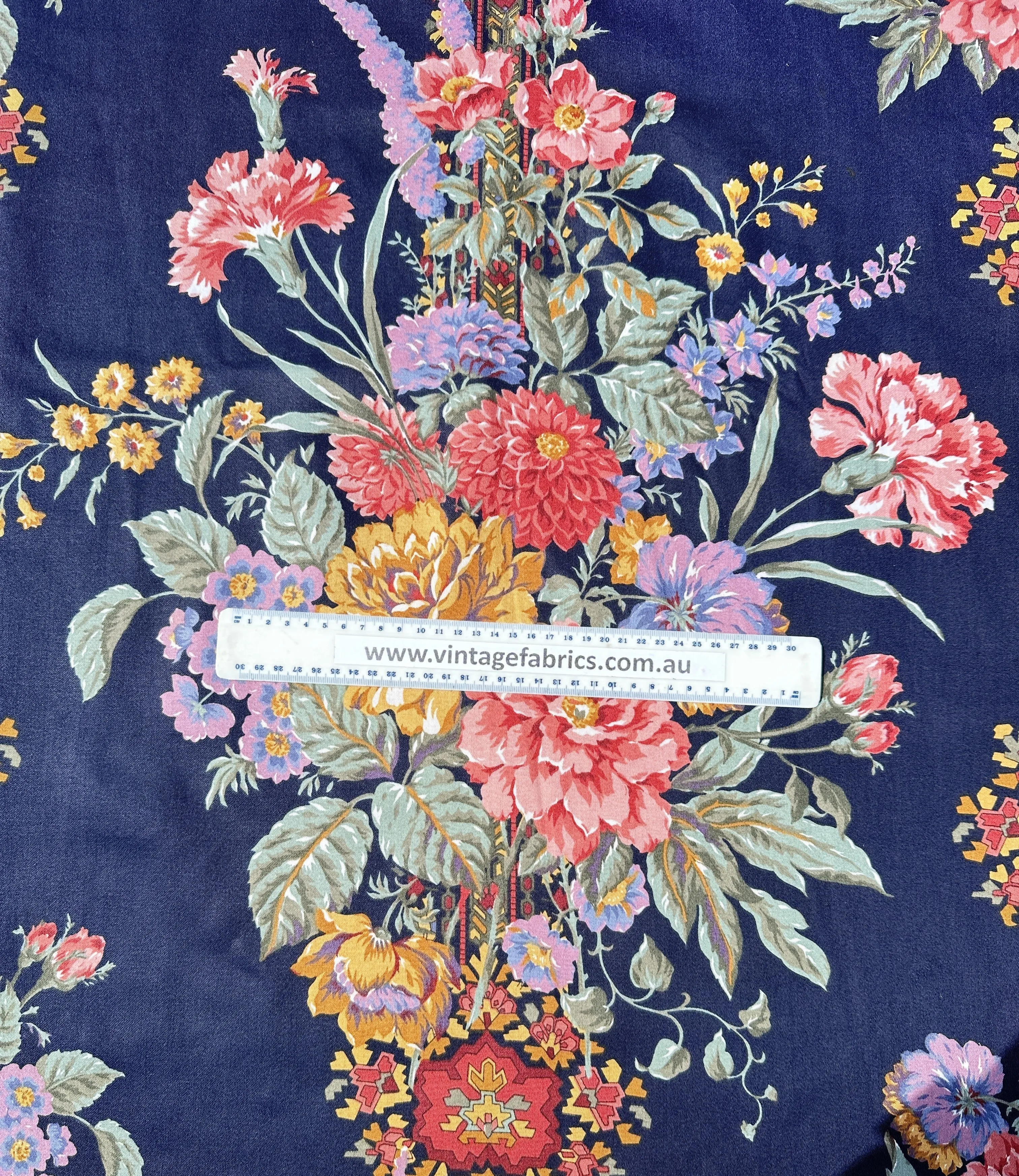 LAST PIECE Vintage Fabric Di Lewis Studios 1980s 90s Large Romantic Floral on Navy Blue 60cm x 62cm