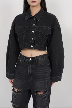 Relaxed Cropped Denim Jacket in Black