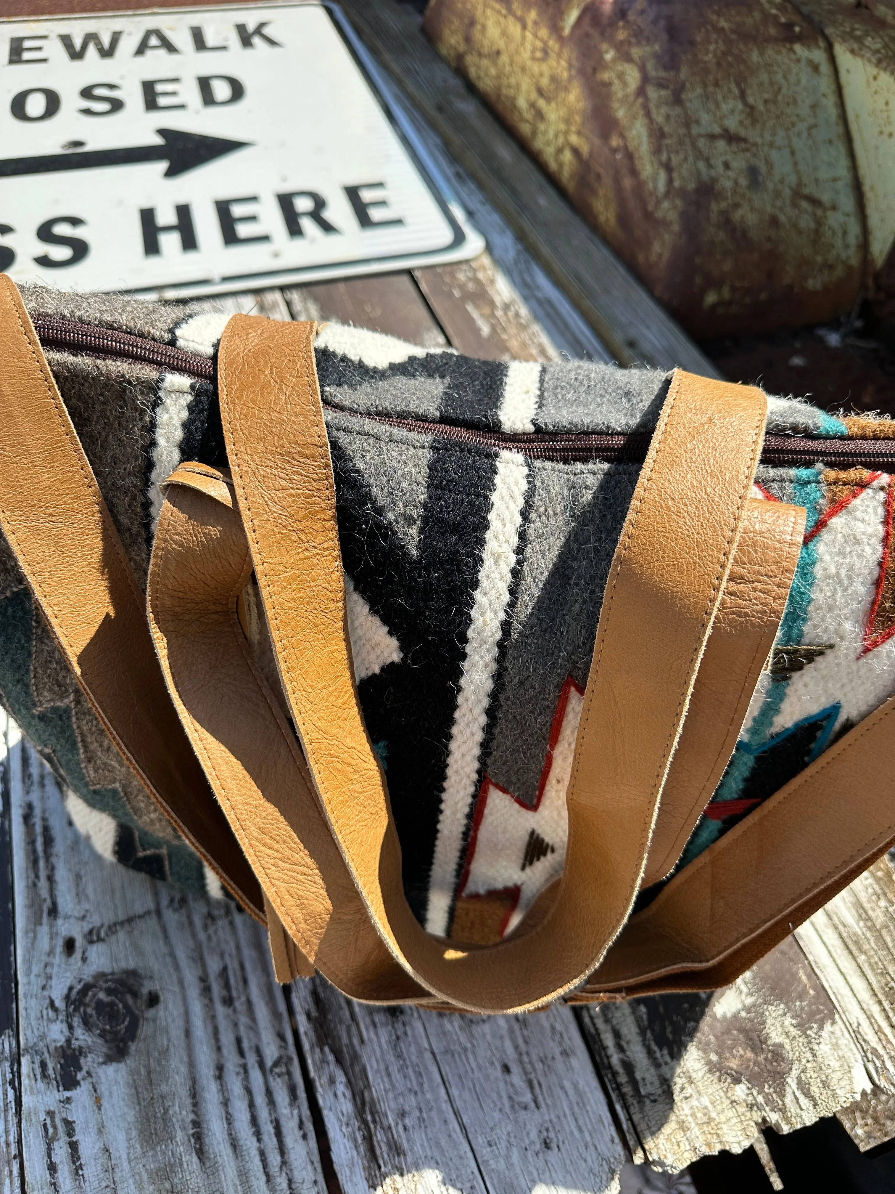 Santa Fe Bound Aztec Print Woven Saddle Blanket Tote Style Weekender Bag