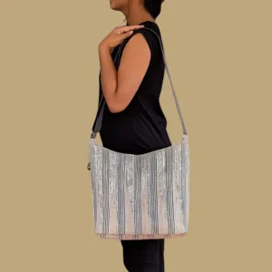 Shimmery Silver Blue White Designer Upcycled Handwoven Eclipse Jhola Tote (EJD1124-004) PS_W