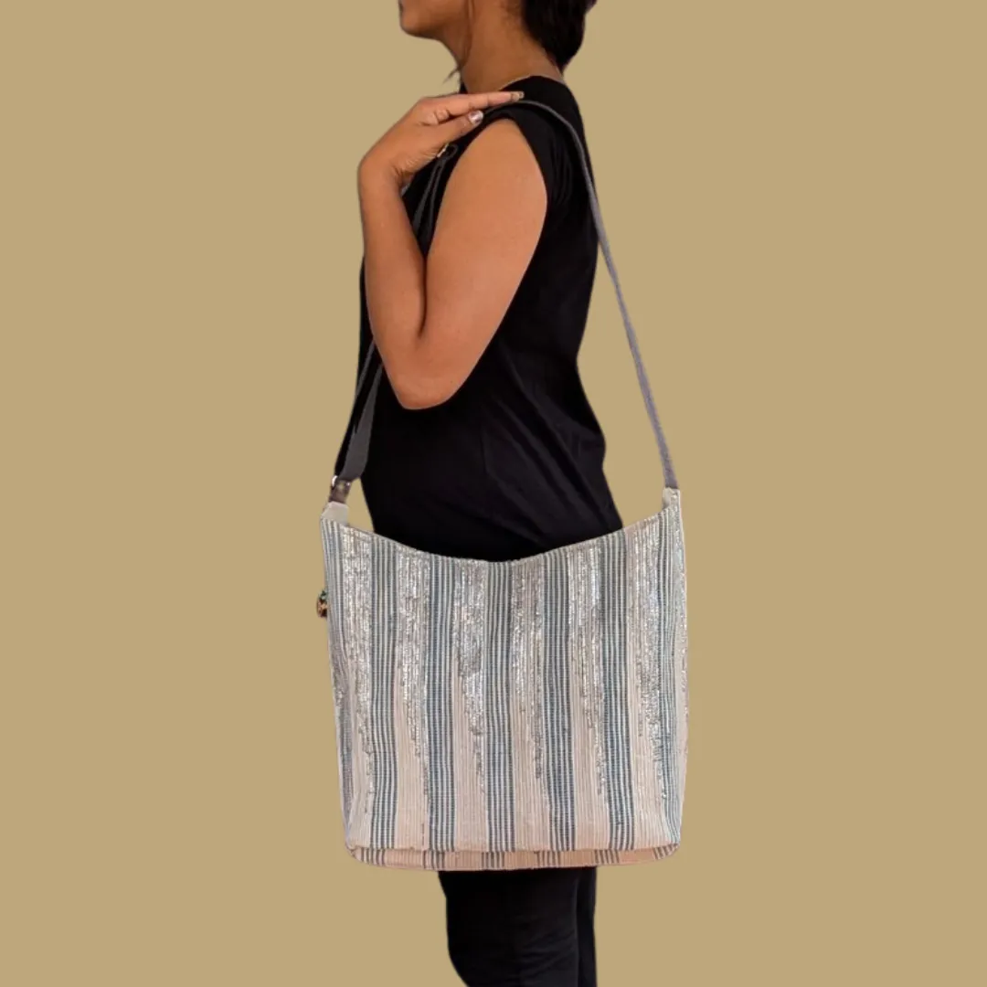 Shimmery Silver Blue White Designer Upcycled Handwoven Eclipse Jhola Tote (EJD1124-004) PS_W