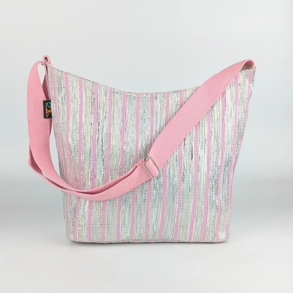 Shimmery Silver Pink Striped Upcycled Handwoven Eclipse Jhola Tote (EJ0125-014) PS_W