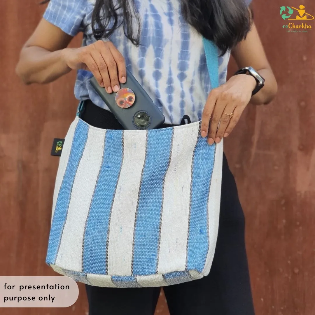 Shimmery Silver Pink Striped Upcycled Handwoven Eclipse Jhola Tote (EJ0125-014) PS_W