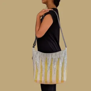 Shimmery Silver Yellow White Designer Upcycled Handwoven Eclipse Jhola Tote (EJD1124-003) PS_W