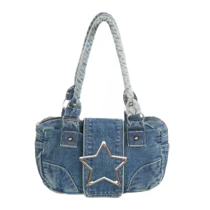 Sohiwoo Denim Underarm Bags For Women Luxury Designer Handbags And Purses Vintage Rivet Five-pointed Star Decorate Shoulder